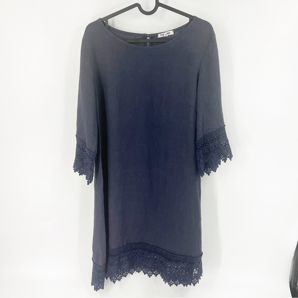 ✅ Rosemarine‎ Italy Linen Blue Gray Dress Embroidery Trim SIZE X-SMALL